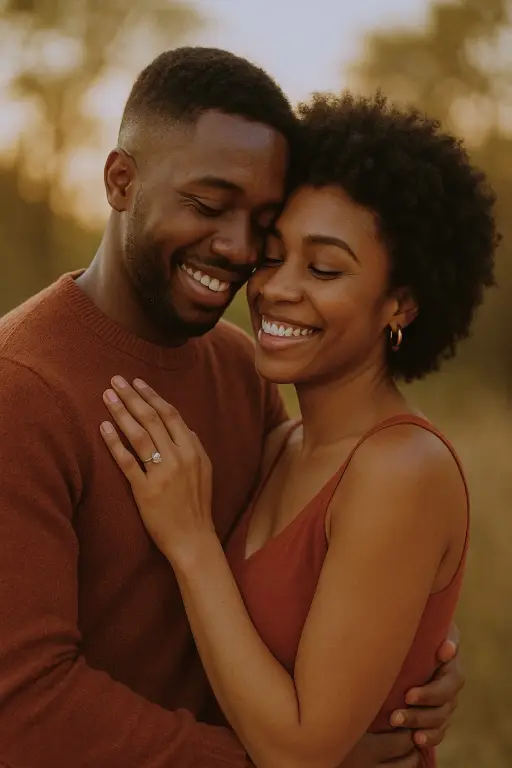 Newly Engaged black couple in a warm embrace