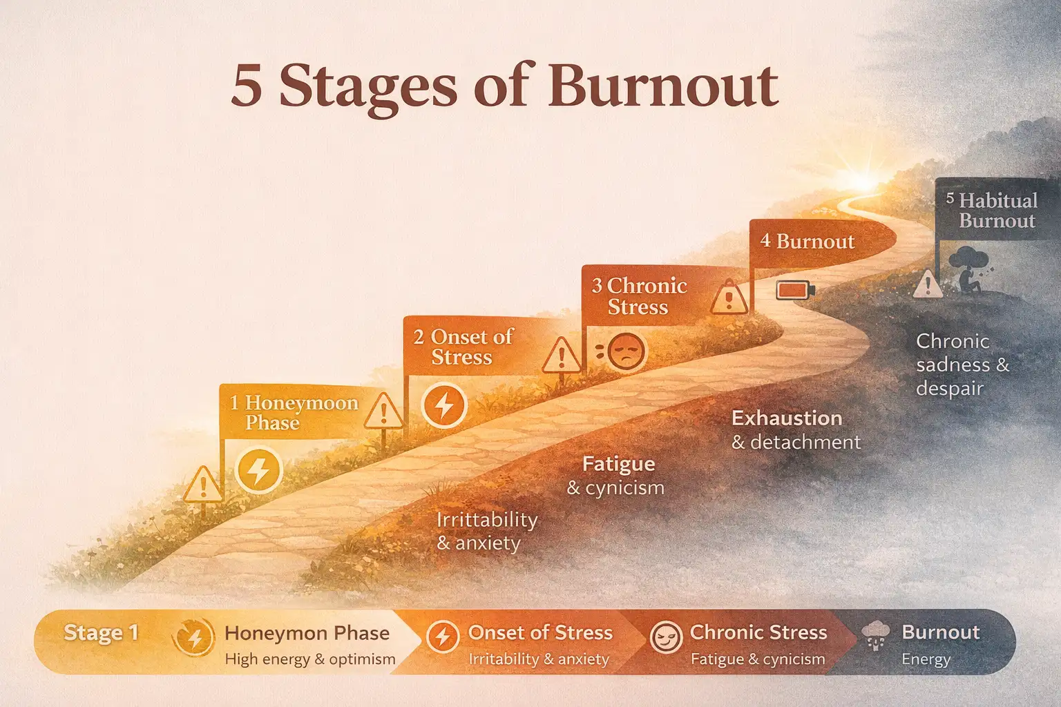 Infographic illustrating the five progressive stages of burnout from honeymoon phase to chronic burnout with warning signs at each stage for stress management