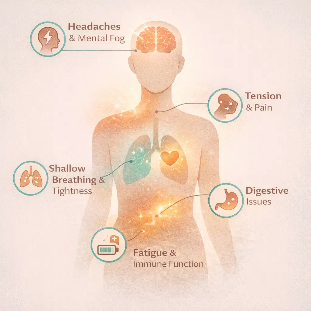 Diagram showing physical symptoms of burnout including headaches muscle tension fatigue and digestive issues requiring stress management therapy